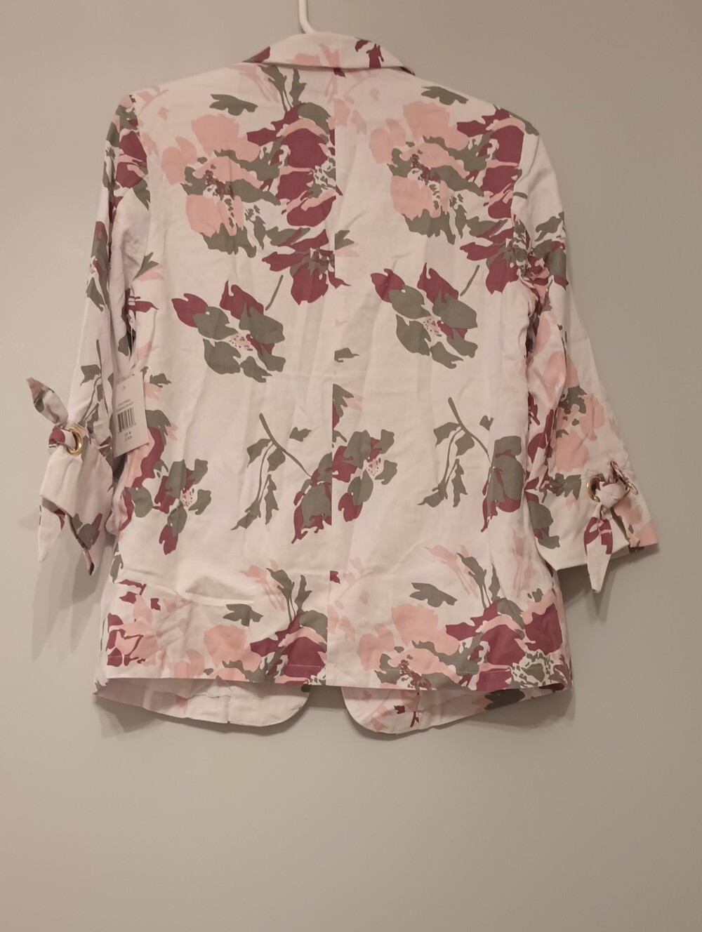 Ellen Tracy Floral Tie-Sleeve Blazer Jacket Linen White with Pink & Olive M - Picture 3 of 9